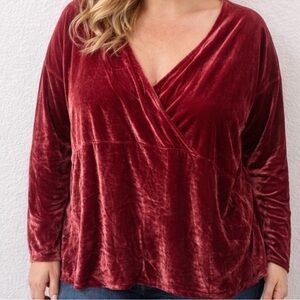 Ulla Popken Red Velvet V Neck Wrap Style Top Long Sleeve Plus 20/22